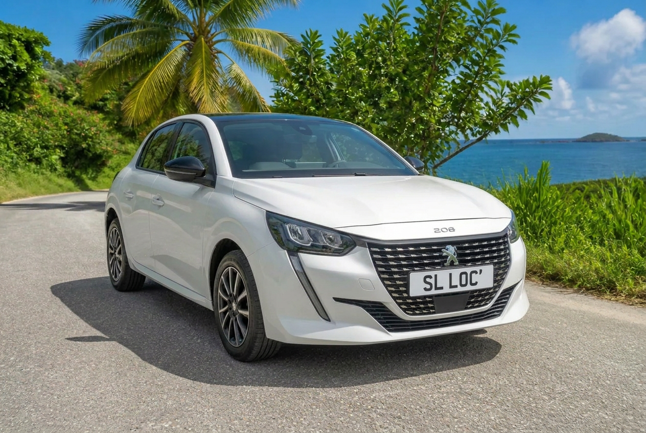 Peugeot 208 blanche en location sur une route tropicale en Martinique, SL LOC'